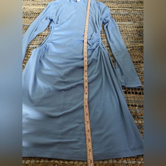 Dress Blue Bodycon L/S Ruched Cut Out Rib Drawstring L Ribbed Stretch Sexy Clubb - Picture 4 of 7